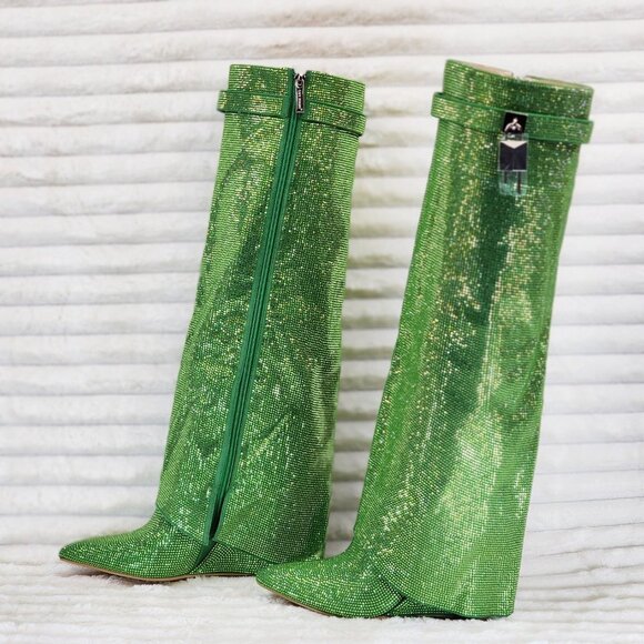 Super Sparkle Sharky Green Rhinestone Skirted Fold Over Wedge Heel Knee Boots - Picture 1 of 14
